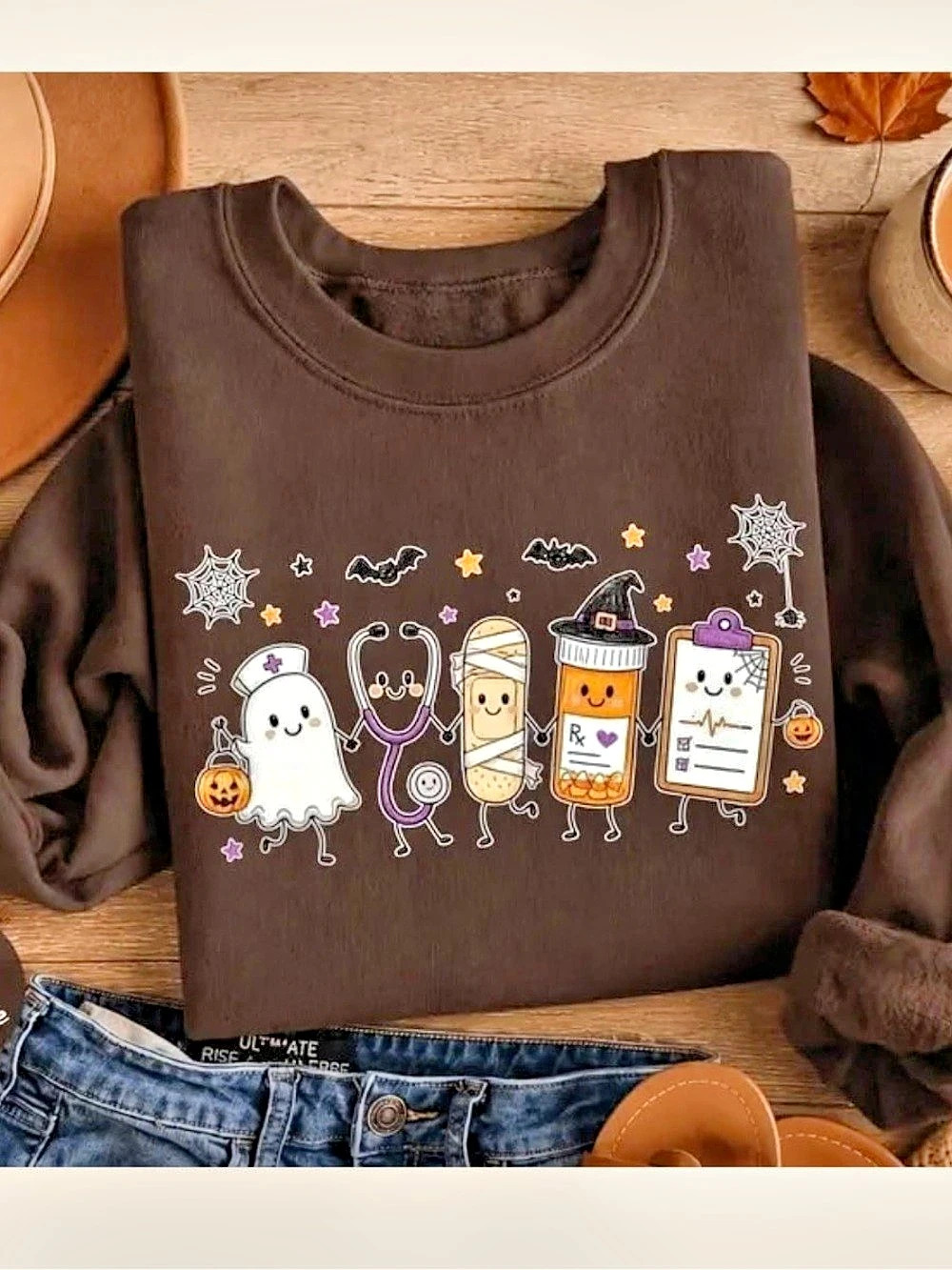 Halloween Nurse Graphic Sweatshirt in Dark Brown , Autumn Sweatshirt